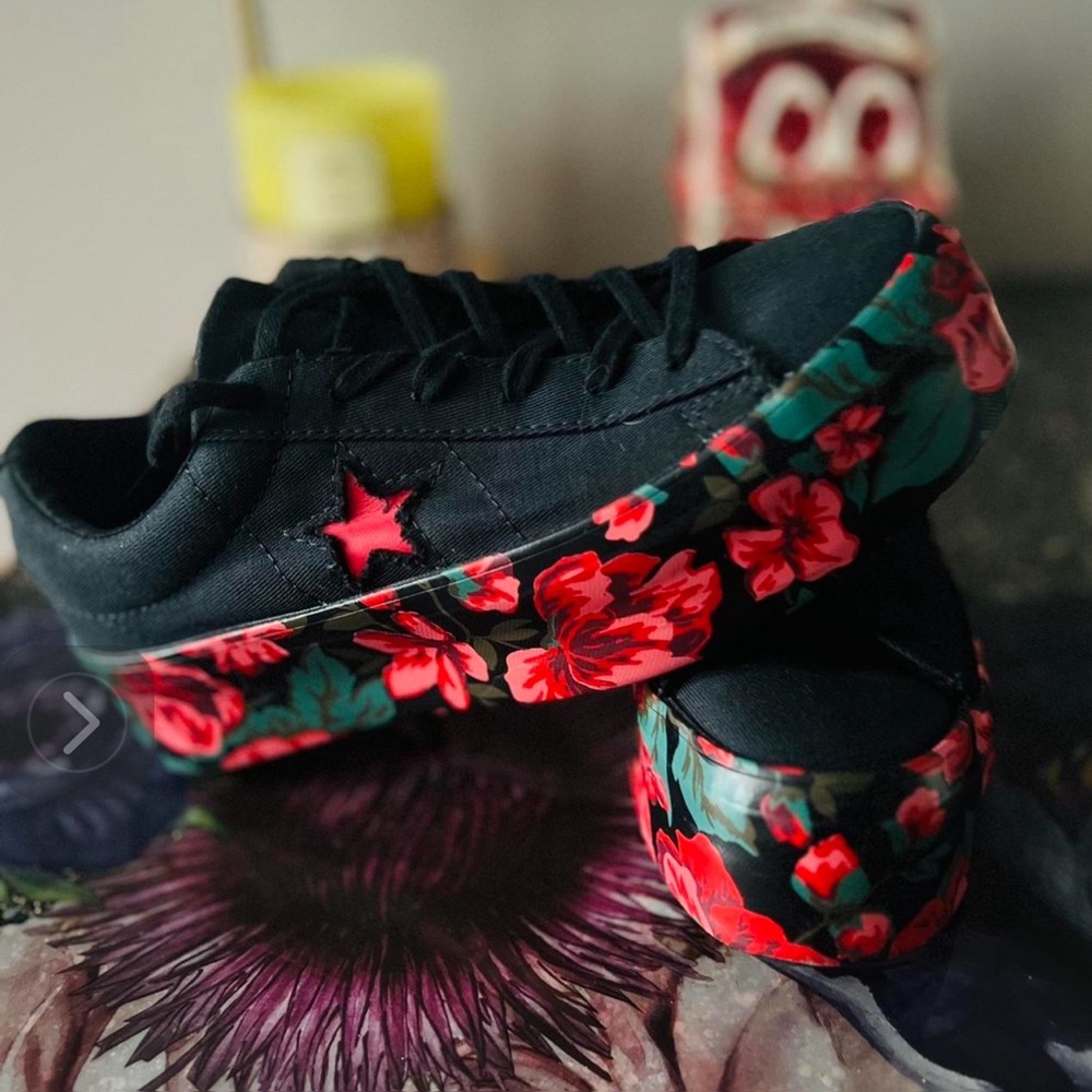 Kids Black Canvas Sneakers with Red Floral Sole
